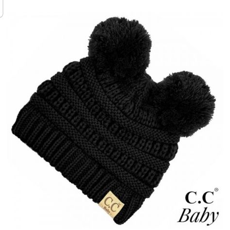 Black Two Pompom Beanie By Cc Beanies Toddler Beanies, Cc Beanies, Beanie Accessories, Knitted Baby Beanies, Crochet Flower Headbands, Cc Hats, Pompom Beanie, Kids Baseball Caps, Baby Color