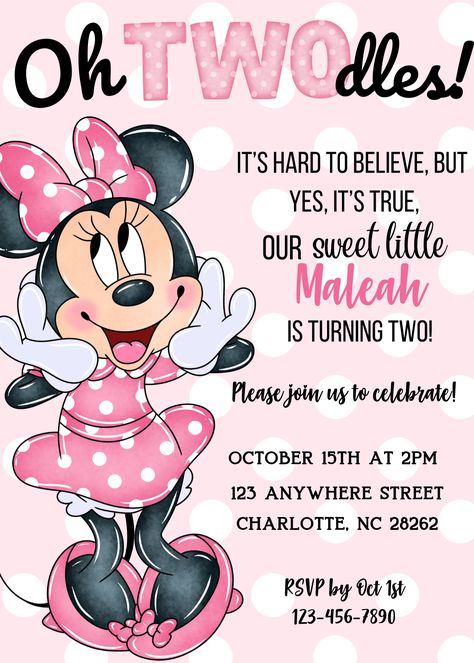 Oh TWOdles! Minnie Mouse birthday invitation Template Canva 5 - Payhip Γενέθλια Mickey Mouse, Oh Twodles, Minnie Mouse Birthday Theme, Twodles Birthday, Minnie Mouse Birthday Party Decorations, Minnie Mouse Birthday Invitations, Minnie Mouse Birthday Cakes, Minnie Mouse Invitations, Minnie Birthday Party