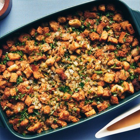 Baked Herbed Stuffing Recipe | Epicurious Holiday Stuffing, Classic Stuffing Recipe, Herb Dressing, A Loaf Of Bread, Herb Stuffing, Cherry Tomato Pasta, Grilled Fruit, Thanksgiving Stuffing, Best Turkey