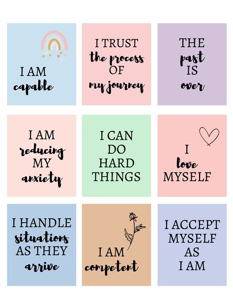 20 Affirmation Cards For Women by Giuseppina Designs #AffirmationCards #PositiveVibes #SelfLove #DailyAffirmations Self Care Affirmation Cards, Self Care Cards Free Printable, Coping Cards, Friendship Circle, Affirmation Cards Printable, Pregnancy Affirmations, Cards For Women, Sensory Therapy, Big Feelings