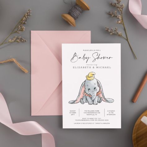 Dumbo Watercolor, Dumbo Baby Shower Theme, Dumbo Elephant, Disney Modern, Gender Neutral Invitations, Disney Baby Shower, Gender Neutral Baby Shower Invitations, Watercolor Baby Shower, Elephant Baby Shower Invitations