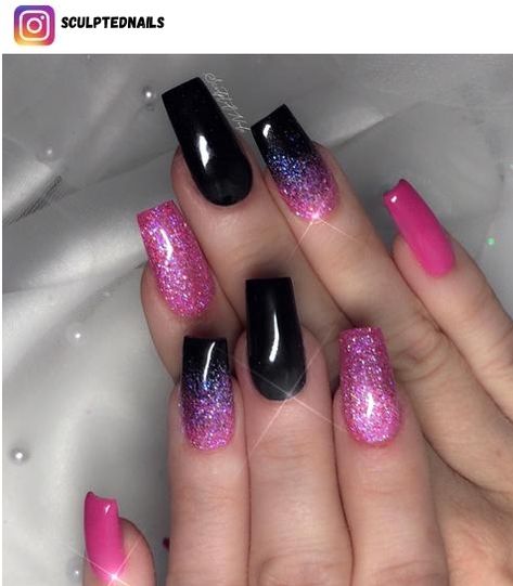 Pink And Black Nail Designs, Black And Pink Nails, Nails With Glitter, Black Nail Designs, Black Nail, Nail Polishes, Black And Pink, Pink And Black, Pink Nails