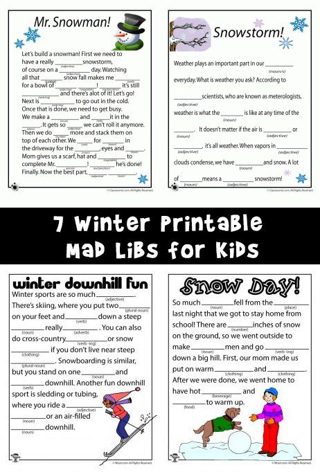 Free printable mad libs with winter themes of ice skating, snowmen, and a snowstorm! Winter Mad Libs For Kids Free Printable, Winter Mad Libs, Christmas Mad Libs Free Printable, Christmas Mad Libs For Kids, Christmas Mad Lib, Free Mad Libs, Free Printable Mad Libs, Christmas Mad Libs, Ad Libs