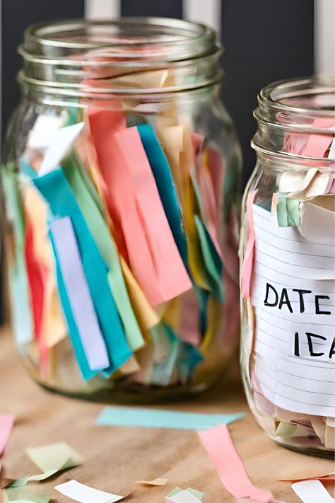 The Best Date Jar Ideas For the Entire Year: DIY Your Own Date Jar - Francisca's Bridal🔰#LoveStory #RomanticEncounters #HeartfeltConnections #DateNightIdeas #SoulmateSearch #FlirtyFridays #CandlelitDinners #StarryEyedMoments #LoveQuotes #DreamyDates #WhisperedPromises #AmourAdventures Date Jar Ideas, Activity Jar, More Love Letters, Date Jar, Wine And Paint Night, Easter Baskets To Make, Fact Or Fiction, Christmas Date, Board Game Night