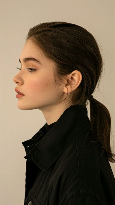 Sometimes, less is more. This sleek low ponytail paired with a minimalistic style is the epitome of understated beauty. Perfect for any occasion. Low Ponytail Front View, Short Hair Side Ponytail, Low Short Ponytail, Wavy Hair Fringe, Hairstyle With Long Hair, Haircuts For Poofy Hair, Ponytail Hairstyles Short, Low Pony Hairstyles, Sleek Low Ponytail