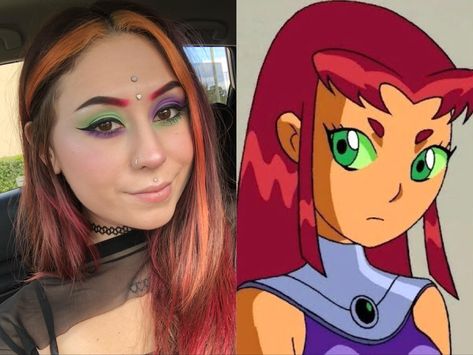 Starfire Costume Makeup, Star Fire Cosplay Makeup, Starfire Makeup Halloween, Starfire Hairstyle, Starfire Cosplay Makeup, Starfire Inspired Nails, Star Fire Makeup, Starfire Makeup Look, Starfire Inspired Outfits