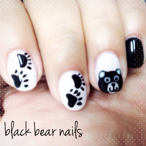 Black bear nails. Couldn't find any 'black bear' nail designs to show my manicurist, so she created her own. She's talented like that. =) Black Bear Nails Designs, Bear Paw Nail Art, Black Bear Nails, Bear Nail Ideas, Moose Nails, Bear Nails Designs, Tennessee Nails, Camp Nails, Mountain Nails