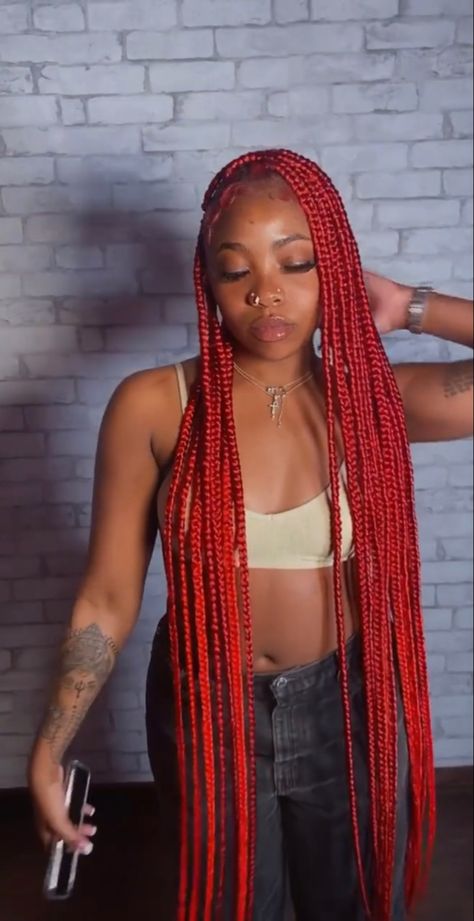 Braids For Black Women Back To School, Knee Length Braids, Burgundy Knotless, Red Knotless, Large Knotless, Bts Hairstyle, Sleek Braid, Red Hairstyles, Braiding Hairstyles