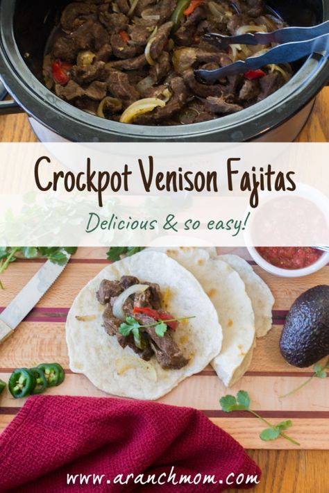 Delicious, easy venison or beef fajitas. Great crockpot meal. Deer Fajitas, Venison Fajitas, Venison Recipes Crockpot, Crockpot Fajitas, Slow Cooker Venison, Deer Steak, Deer Recipes, Crockpot Meal, Venison Steak