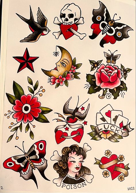 Sailor Jerry Flash Sheet, Small Traditional Flash Tattoo, Traditional Flash Sheet, Sailor Jerry Tattoo, Simple American Traditional Tattoo, American Traditional Flash Sheet, Traditional Sun Tattoo, Traditional Tattoo Illustration, Traditional Tattoo Flash Sheets