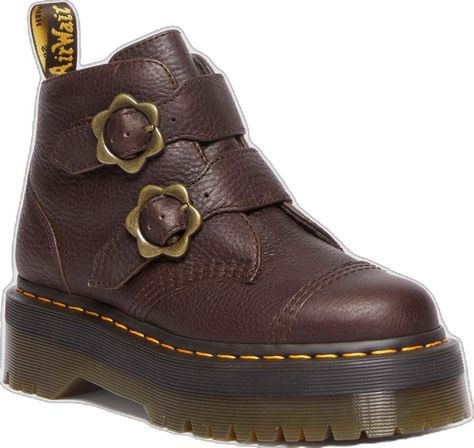 Shop Devon Flower Buckle Grizzly Leather Platform Boots in Dark Brown at Dr. Martens. Free delivery on orders over $50 Brown Doc Martens, Brown Dr Martens, Flower Boots, Leather Platform Boots, Mens Clogs, European Shoes, Yellow Heels, Buckle Boots, Crazy Shoes