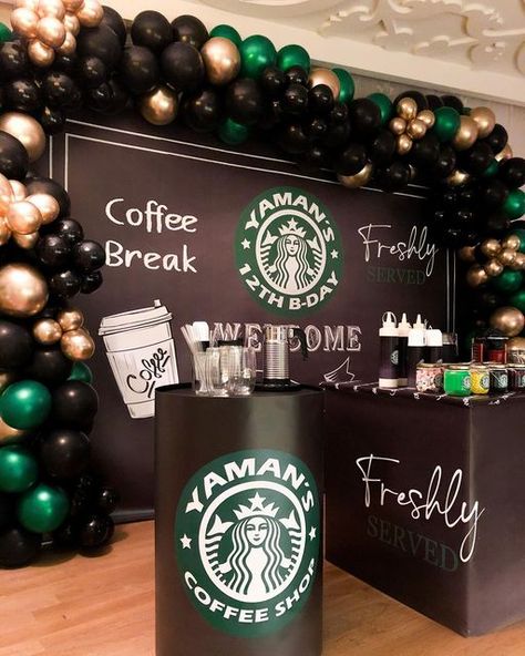 Coffee Shop Backdrop, Starbucks Balloon Decorations, Raspberry Matcha, Starbucks Birthday Party, Starbucks Ideas, Birthday Setup, Starbucks Party, Starbucks Birthday, Starbucks Design