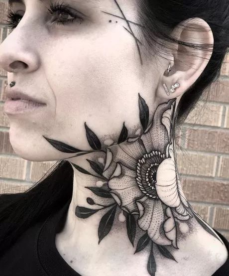 Flower Neck Tattoo, Full Neck Tattoos, Neotraditional Tattoo, Throat Tattoo, Neck Tattoos Women, Omerta Tattoo, Elbow Tattoos, Thigh Tattoos Women, Face Tattoos