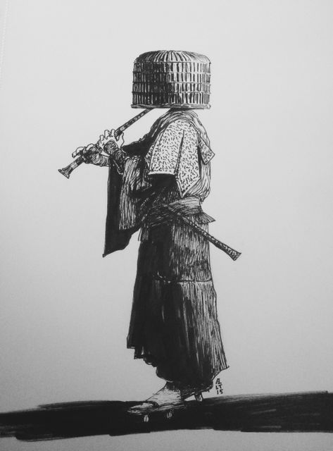 The komusō (literally “priest of nothingness” or “monk of emptiness”) wandered the roads of Edo period Japan. They would play elaborate tunes on their bamboo flutes as they begged for alms, their faces (and thus, their ego) completely concealed by a distinctive hood woven from straws or reeds. many were recruited as spies or were actually ninja or ronin in disguise, and eventually their temples and their schools were abolished for meddling in material affairs instead of spiritual ones. Samurai Drawing, Edo Period Japan, The Kimono Gallery, Kimono Gallery, Samurai Artwork, Arte Cyberpunk, Japan Culture, Samurai Art, In Disguise