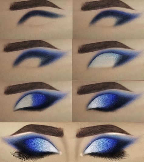 Blue Black Silver Eye Makeup, Quince Makeup Glitter, Blue And Silver Makeup Looks For Prom, Ballroom Makeup Tutorial, Blue Eyeshadow Looks Step By Step, Dark Blue Makeup Ideas, Teal Makeup Looks For Brown Eyes, Ballroom Nails, Eye Makeup Art Easy