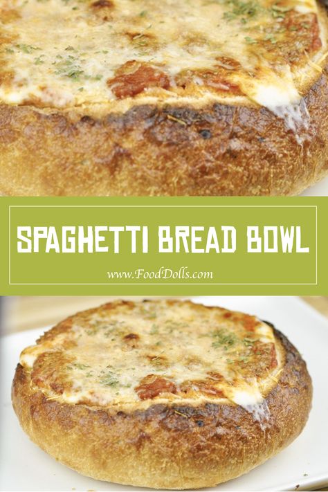 Spaghetti stuffed in a bread bowl and topped with cheese! Pasta In A Bread Bowl, Spaghetti Garlic Bread Bowl, Spaghetti Bowls With Bread, Spaghetti Bread Bowl, Spaghetti Bowls, Pasta Bread Bowl, Spaghetti Bread, Spaghetti Dishes, Noodles Sauce