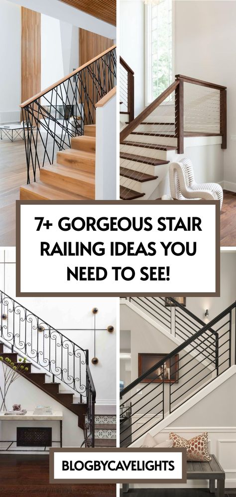 7 stair railing ideas Wrought Iron Handrails Interior, Indoor Stairs Railing Ideas, Updated Stair Railing, Wood Stair Railing Ideas, Metal Railings Indoor, Staircase Railing Ideas, Modern Stair Railing Ideas, Wood Stair Railing, Railings For Stairs