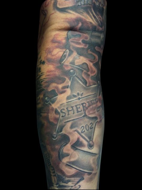 Sheriff tattoo by Matt Skin Sheriff Tattoo, Tattoos And Meanings, Eternity Symbol, Facial Tattoos, Great Tattoos, Forearm Tattoo Men, Tattoos Ideas, Forearm Tattoo, Love Tattoos