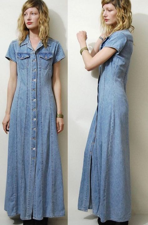 90s Vintage DENIM Dress Maxi Long BUTTON DOWN vtg by cruxandcrow, $69.00: Maxi Jean Dress, Button Dress Pattern, 90s Denim Dress, Informal Attire, Style Dress Patterns, Long Denim Dress, Vintage Denim Dress, Denim Jumper Dress, Vestidos Retro