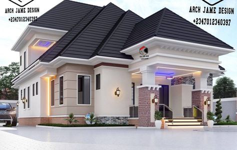 Bungalow With Penthouse, 5 Bedroom Bungalow, 4 Bedroom Bungalow, Modern Bungalow Exterior, Building Design Plan, Penthouse Design, Entry Porch, Bungalow Exterior, Residential Development