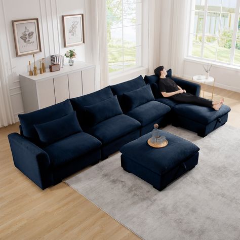 Product Features: Sophisticated fabric: with its distinct tactile quality, durable corduroy fabric radiates both comfort and cozy, making it the ideal material for settling down and enjoying the sofa's coziness. Corduroy Sectional, Blue Sectional, Large Sectional Sofa, Sectional Couches, Blue Couches, Room Blue, L Shaped Couch, U Shaped Sofa, Storage Footstool