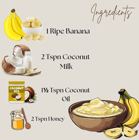 DEEP CONDITIONING HAIR MASK☘️ ☘️**Banana** : Bananas are rich in potassium, natural oils, carbohydrates, and vitamins, which help soften the hair and protect its natural elasticity, preventing breakage and split ends. ☘️**Honey**: Honey is a natural humectant, meaning it attracts and retains moisture. It can help lock in moisture, making hair softer, shinier, and more manageable. Honey also has antibacterial and antioxidant properties that can benefit the scalp. ☘️**Coconut Milk**: Coconut... Coconut Milk Hair, Honey And Coconut Oil, Coconut Milk Benefits, Coconut Milk For Hair, Coconut Hair Mask, Banana Hair Mask, Banana Uses, Deep Conditioning Hair Mask, Conditioning Hair Mask