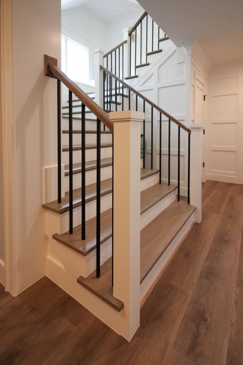 Switch Back Staircase Ideas, Open U Shaped Staircase, Transitional Modern Staircase, Wrap Around Staircase, Under Stair Storage Closet, Half Open Staircase, U Shaped Staircase With Landing, Short Staircase Ideas, California Staircase