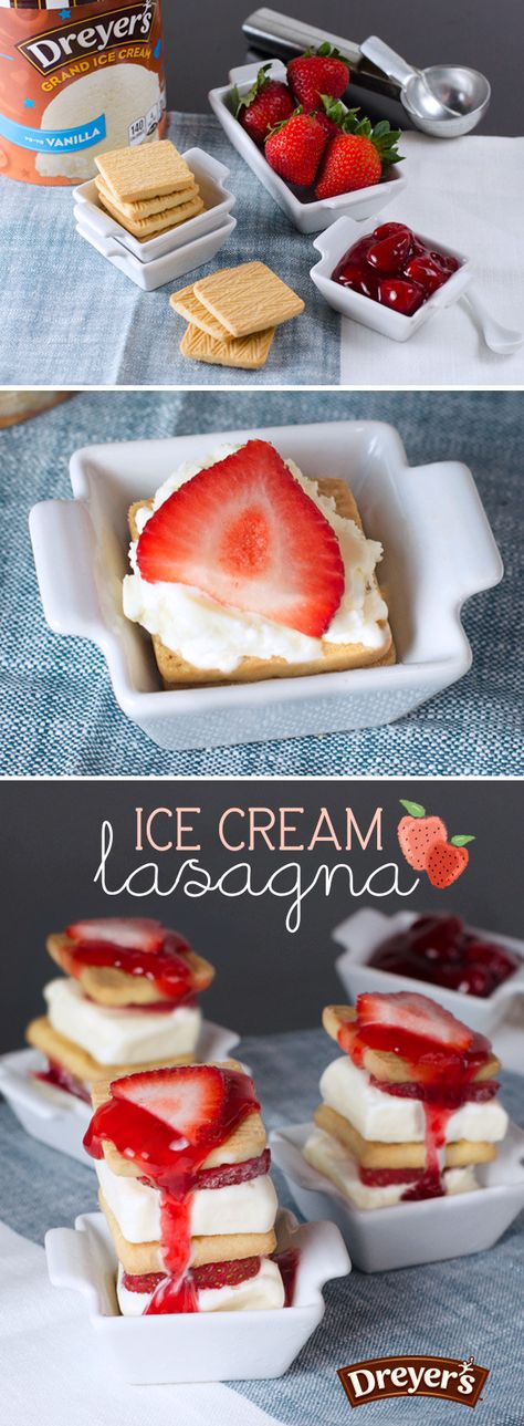 Dreyer's Ice Cream Lasagna: These treats are stackable, snackable, and the perfect follow-up to family dinner. Let your kids alternate layers of shortbread cookies, strawberry slices, and vanilla ice cream – then top everything off with a drizzle of strawberry topping and serve up a slice to everyone in the family! Ice Cream Lasagna, Sweet Lasagna, Ice Cream Dessert Recipes, Ice Cream Dessert Recipe, Ice Cream Novelties, Kid Friendly Dessert, Lasagna Recipes, Easy Ice Cream Recipe, Dessert Recipies