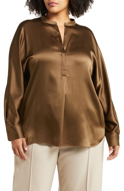 Vince Band Collar Silk Blouse available at #Nordstrom Silk Brown Button Up Shirt Outfit, Long Sleeve Shirt Outfits, Elevated Essentials, Blouse Nordstrom, Band Collar, Plus Size Blouses, Silk Shirt, Work Outfits, Curvy Fashion