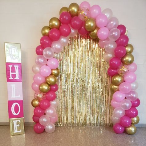 4 Color Balloon Arch, Pink Gold Arch Balloon, Balloon Arch Princess Theme, Princess Balloon Arch, Princess Balloon Decorations, Balloon Arch Pink Orange Yellow, Spiral Balloon Arch, Hot Pink And Light Pink Balloon Arch, Pink Amd Gold Balloon Garland