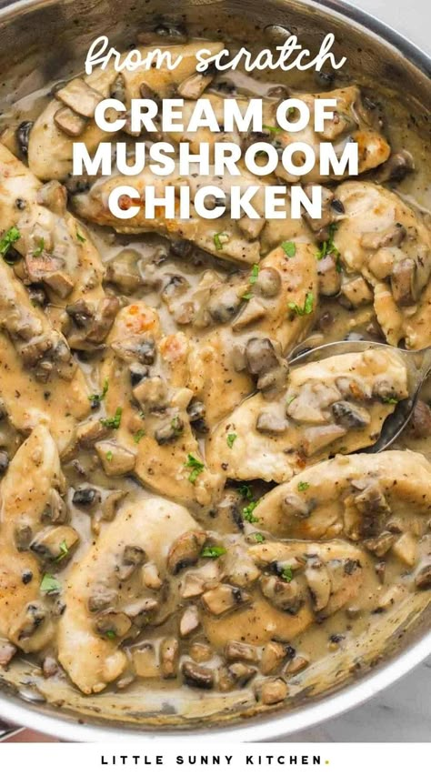 Make Cream of Mushroom Chicken entirely from scratch without opening a single can. This skillet chicken dinner is creamy, savory, and a family favorite. Chicken Egg Noodles Cream Of Mushroom, Cream Of Mushroom Chicken Casserole, Cream Of Mushroom Soup Recipes With Chicken, Chicken And Mushroom Recipes Healthy, Creamy Chicken And Mushroom Recipes, Chicken With Mushroom Soup, Chicken And Mushroom Recipes, Skillet Chicken Dinner, Chicken And Mushroom Soup