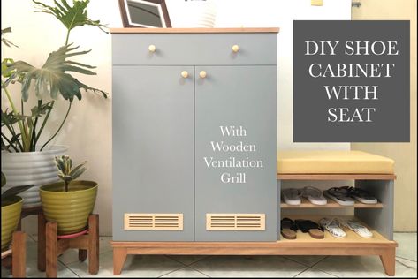 An Entryway shoe cabinet with seat and ventilation grill Shoe Cabinet Bench Entryway, Shoe Cabinet With Ventilation, Diy Shoe Cabinet, Entryway Shoe Cabinet, Shoe Cabinet Design, Cabinet Entryway, Shoe Cabinet Entryway, Shoes Cabinet, Diy Grill