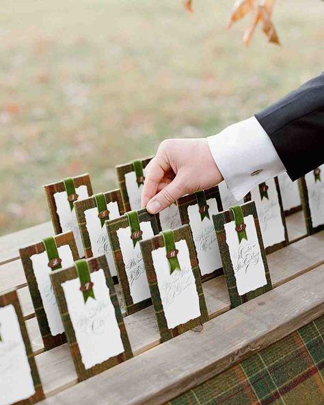 An Elegant, Autumnal Wedding in Tennessee | Martha Stewart Weddings - Calligraphed wooden escort cards, backed in Pendleton plaid, were propped up in a grooved wooden board. Plaid Wedding, Tartan Wedding, Wedding Cake Rustic, November Wedding, Tennessee Wedding, Martha Stewart Weddings, Wedding Places, Wedding Place Cards, Display Cards