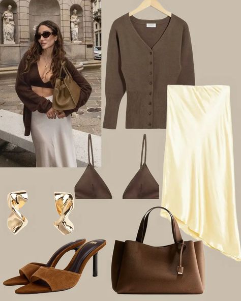 Love a dark brown after holidays with more neutral bottoms. I don't know if I am brave enough for the cropped top or bra style, but here it looks so sophisticated & chic. Thought some might like it. Original inspo on the left Tamara Kalinic As some know, can't link everything in LTK, similar versions coming later in the evening. TRIANGULAR BIKINI TOP Brown | 2856/020 SPLIT SUEDE HIGH HEEL SANDALS Dark tan | 3354/410 #lookinspiracao #inspolook Brown Heels Outfit, Classy Elegant Outfits, Tamara Kalinic, September Outfits, I Am Brave, Throwing Fits, Clean Fits, It Original, Heels Outfits