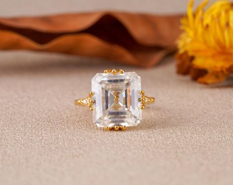 Classic Asscher Cut Moissanite Engagement Ring 14k Solid - Etsy Expensive Rings, Art Deco Wedding Rings, Beautiful Diamond Rings, Asscher Cut, Yellow Gold Setting, Signature Jewelry, Art Deco Wedding, Delicate Jewelry, Stunning Jewellery