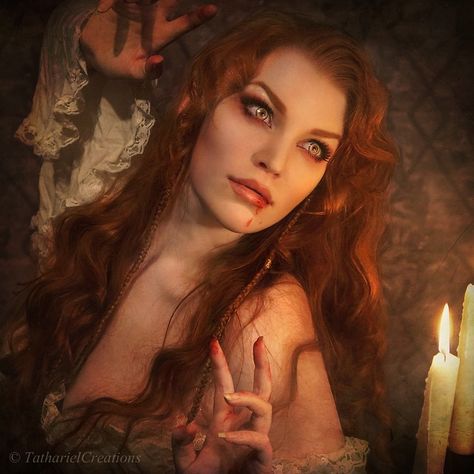 Marita Tathariel, Red Hair Vampire, Vampire Shoot, Elven Makeup, Elven Kingdom, Dark Makeup Looks, Vampire Pictures, Vampire Girls, Vampire Art