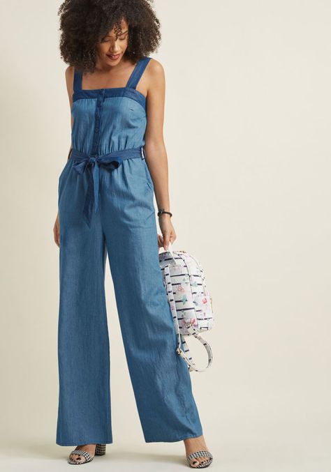 Just Jaunty Chambray Jumpsuit Taller Clothes, Spring Jumpsuits, 1970s Clothing, Retro Inspired Fashion, Chambray Jumpsuit, Genuine Smile, One Piece Outfit, Pinterest Closet, Long Sleeve Jumpsuit