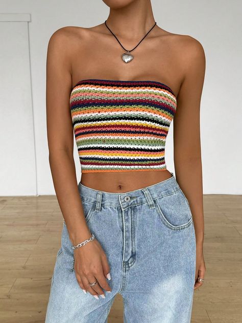 Women's Striped Knit Fitted Bandeau Top, Summer Multicolor   Sleeveless Knitwear   Medium Stretch  Women Clothing, size features are:Bust: ,Length: ,Sleeve Length: Knit Bandeau Top, Crochet Bandeau Top, Bandeau Tops, Bandeaus, Slim Fit Top, Elegant Dresses Long, Top Summer, Knit Tees, Bandeau Top