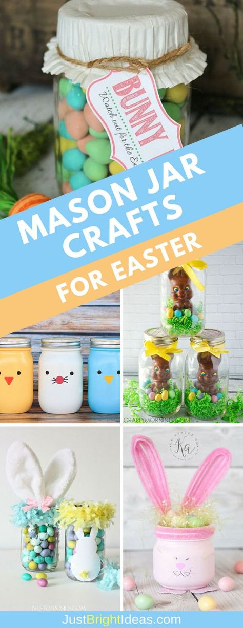 Mason Jar Crafts for Easter: These Easter Mason Jar Crafts make the cutest Easter Mason Jar Crafts, Easter Mason Jars, Chalk Paint Mason Jars, Diy Hanging Shelves, Mason Jar Projects, Mason Jar Flowers, Diy Ostern, Bunny Crochet, Mason Jar Crafts Diy