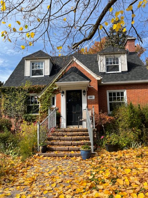 Small Cozy Home Exterior, Fall Home Exterior, Autumn Ambience, Craftsman Fireplace, Brick Cottage, Pretty Houses, Dark Wood Furniture, Fall Road Trip, Ranch Style Homes