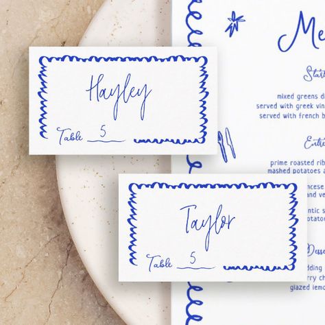 Hand Drawn Whimsical Fun Blue Wedding Table Flat Place Card Blue Place Cards, Wedding Table Place Cards, Blue Wedding Table, Handwritten Place Cards, Place Card Table Wedding, Table Name Cards, Hand Drawn Wedding, Table Place Cards, Kids Stationery