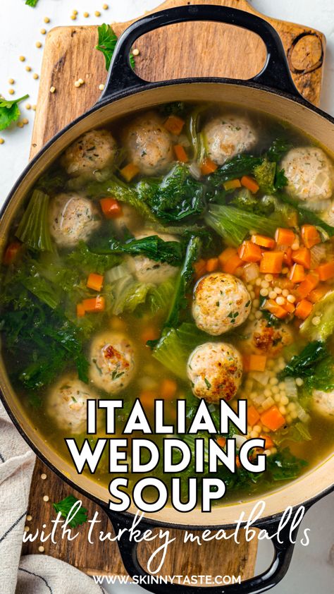 Made with homemade turkey meatballs, tiny pasta, and dark leafy greens, Italian Wedding Soup is simple yet flavorful. Ready in just 30 minutes! #groundturkey #soup #dinner #healthyrecipes #weightwatcherrecipes Best Italian Wedding Soup, Homemade Turkey Meatballs, Escarole Soup, Wedding Soup Recipe, Tiny Pasta, Italian Wedding Soup Recipe, Canned Soup, Wedding Soup, Italian Soup