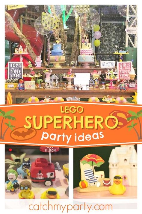 Superhero Party Ideas, Lego Beach, Easy Kids Party, Super Hero Birthday Party, Hero Birthday Party, Super Hero Birthday, Superhero Birthday Cake, Superhero Theme Party, Beach Birthday Party