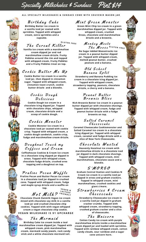 Gulf Shores Menu — The Yard Milkshake Bar - As seen on Shark Tank The Yard Milkshake Bar, The Yard Milkshake, Gulf Shores Alabama Vacation, Milkshake Shop, Marshmallow Cupcakes, Milkshake Bar, Ice Cream Business, Mint Chip Ice Cream, Ice Cream Birthday Cake