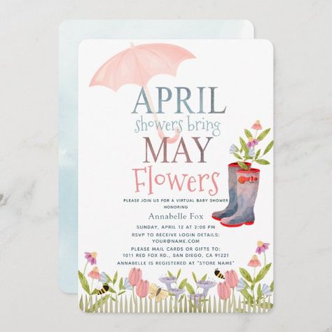 April Showers Bring May Flowers Virtual Shower Invitation April Showers Baby Shower Theme, April Baby Shower, Online Baby Shower Invites, Online Baby Shower, Shower By Mail, Virtual Baby Shower Invitation, April Showers Bring May Flowers, Pink Umbrella