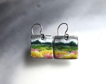 Landscape Earrings, Watercolor Jewelry, Torch Fired Enamel Jewelry, Miniature Watercolor, Artsy Gift, Plant Jewelry, Wearable Art Jewelry, Pottery Handbuilding, Bling Earrings