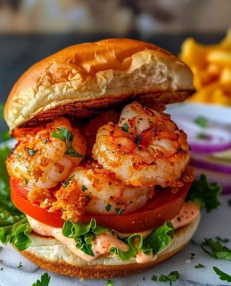 Louisiana Cajun Cooking And Recipes | Shrimp Burgers 🍤🍔  | Facebook Prawn Burger, Gourmet Plating, Shrimp Sliders, Shrimp Burgers, Shrimp Sandwich, Raw Shrimp, Shrimp Burger, Sandwhich Recipes, Recipes Shrimp