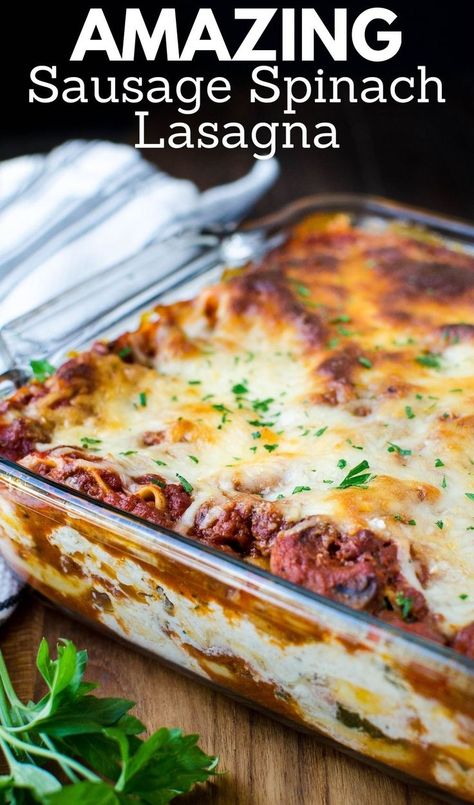 a casserole of lasagna. Sausage Spinach Lasagna, Spicy Lasagna Recipe, Sausage Bolognese, Easy Spinach Lasagna, Spinach And Ricotta Lasagna, Homemade Lasagna Recipe, Mushroom Ragout, Italian Sausage Lasagna, Homemade Lasagna Recipes