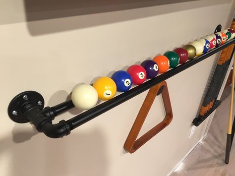 Pool Table Room Furniture, Pool Ball Decorations, Billard Lighting Ideas, Billiard Balls Repurpose, Industrial Billiard Room, Billiard Room Decor Ideas, Billards Room Decor Rustic, Small Pool Room Ideas, Pool Table Room Ideas Man Caves