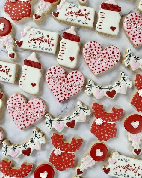 Sweetheart Baby Shower Cookies, Baby Shower Valentine’s Day Theme, Valentines Shower Theme, Valentine Baby Shower Cookies, Valentines Baby Sprinkle, February Gender Reveal Ideas For Party, Baby Shower Ideas For February, Valentine’s Day Gender Reveal Party, A Little Sweetheart Baby Shower Theme